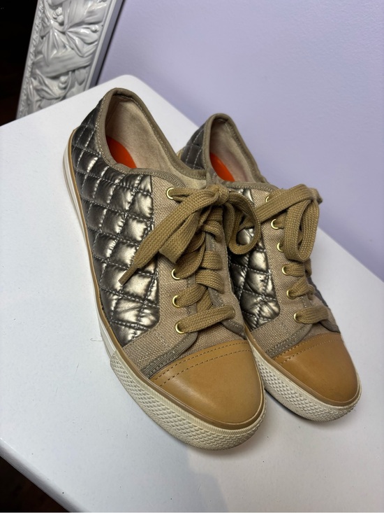 Tory Burch Shoes - Tory Burch Quilted Metallic Taupe Tan Lace-Up Casual Designer Sneakers Size 9.5